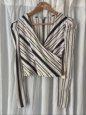 Iris Basic Black and Ivory Diagonal Stripe Wrap Blouse